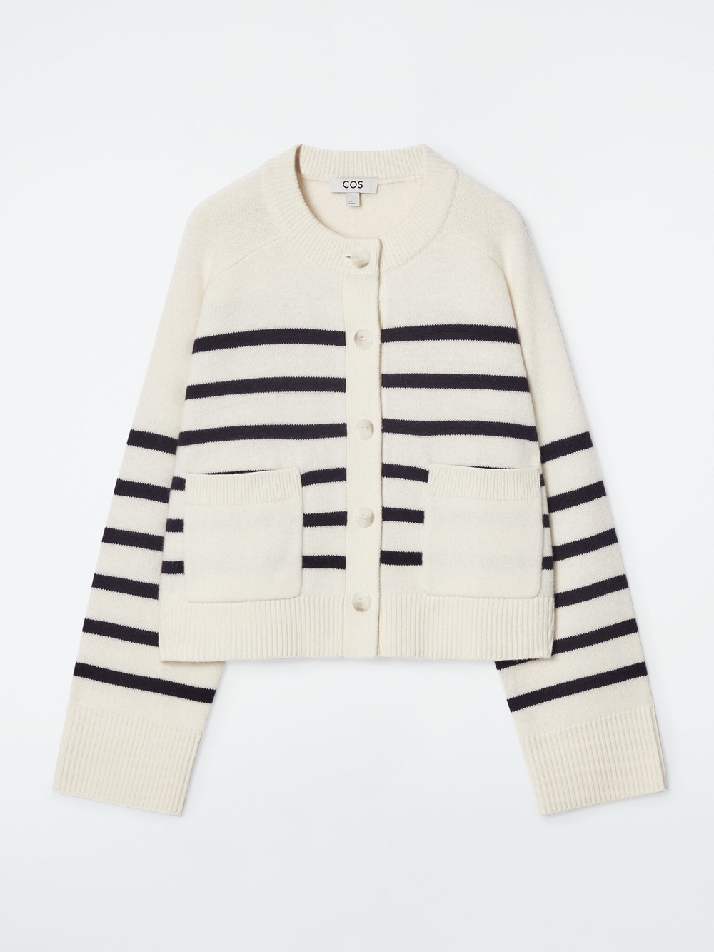 COS Wool Crew-Neck Cardigan - Cream/Black Stripe, Size L